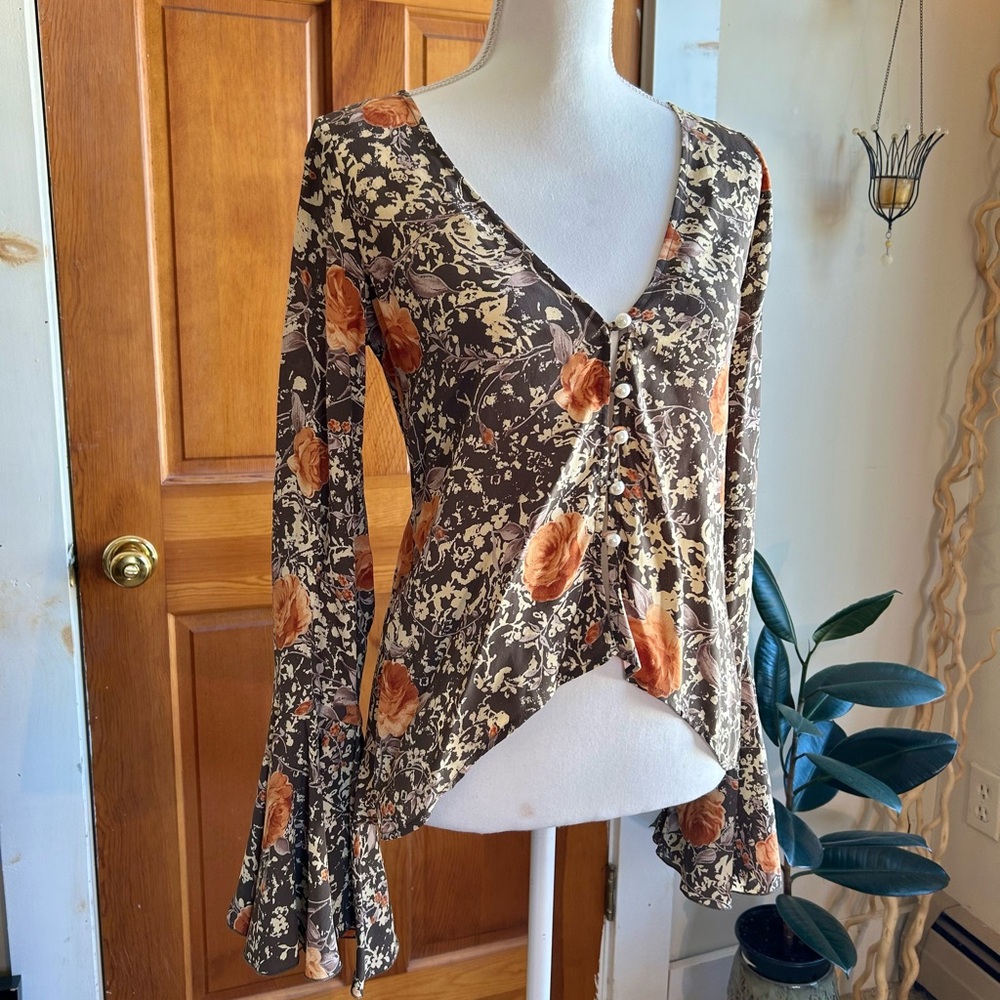 For Love And Lemons Brown and Orange Floral V-Neck and Bell Sleeve Boho Blouse